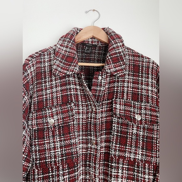 Forever21 Plaid Check Shacket Oversize Shirt Tweed Red Jacket Boucle Fray Fringe - Picture 8 of 10